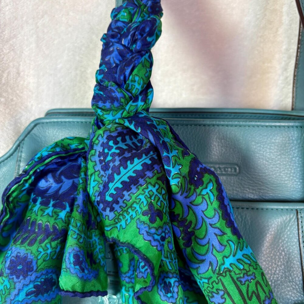 Coach Taylor Leather Alexis Caryall Tote in Teal Blue with Scarf and Chain - Picture 2 of 13